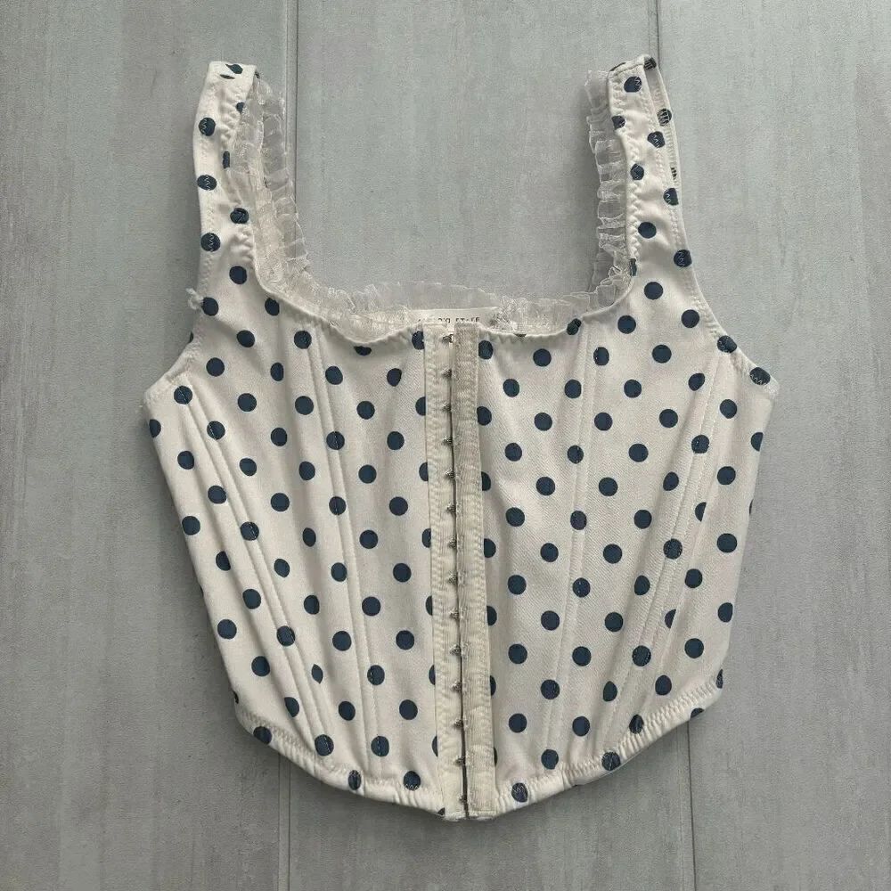 Altar'd State Corset Top Crop Tank Polka Dot Small White Blue Ruffled Coquette S